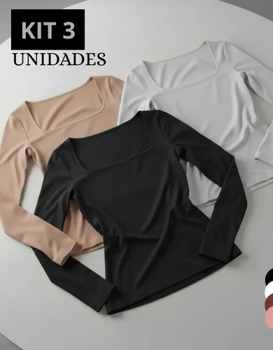 Kit 3 Blusa Manga Longa Inverno Decote Gola Quadrada