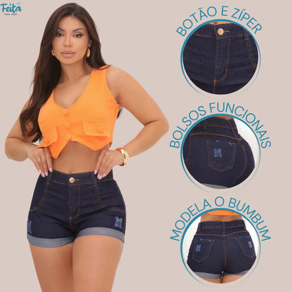 Shorts Jeans Feminino Cintura Alta  Com Lycra Super Moderno!
