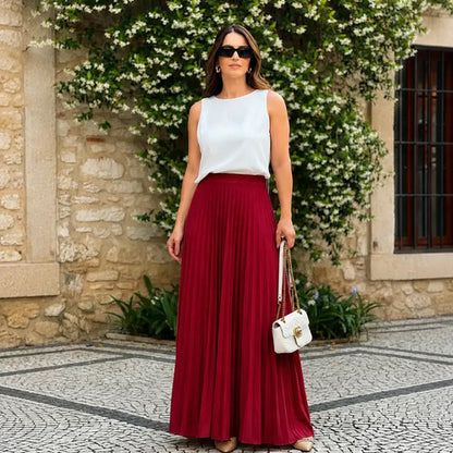 Saia Longa Feminina Plissada Cintura Alta Moda Evangélica