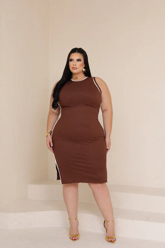 Vestido Midi Canelado Plus Premium Casual Básico Modelador