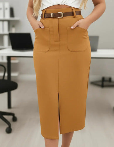 Saia De Alfaiataria Midi Moda Evangélica Brinde Cinto Couro
