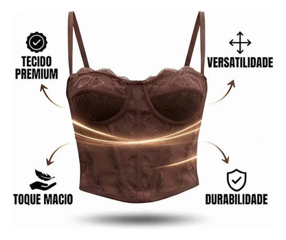 Corset Renda Feminino Alça Cropped Sexy Corpete Blusa Top