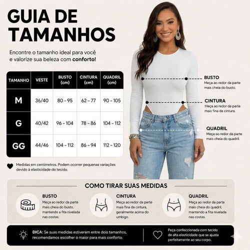 Body Feminino Manga Longa Gola Careca Liso Modelador Collant