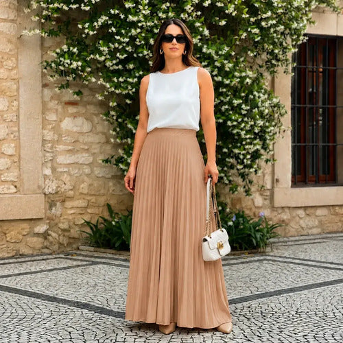Saia Longa Feminina Plissada Cintura Alta Moda Evangélica