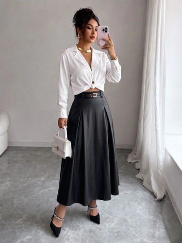 Saia Longa Feminina Couro Cintura Alta Plissada Elegante