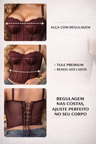 Corset Renda Feminino Alça Cropped Sexy Corpete Blusa Top