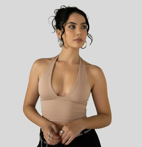 Cropped Top Amarraçao No Pescoço Poliamida Blogueira Balada