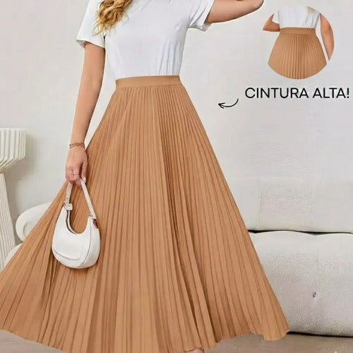Saia Longa Feminina Plissada Cintura Alta Moda Evangélica