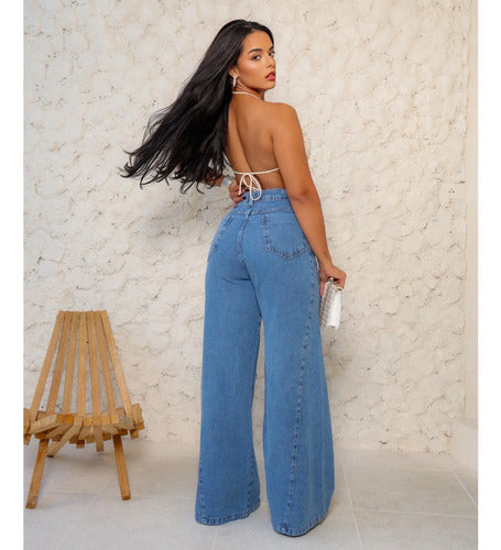 Calça Jeans Pantalona Wide Leg Feminina Cintura Alta 100%