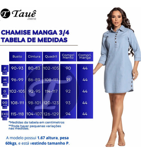 Chemise Jeans Feminina Manga 3/4 Leve Oversized Sem Lycra