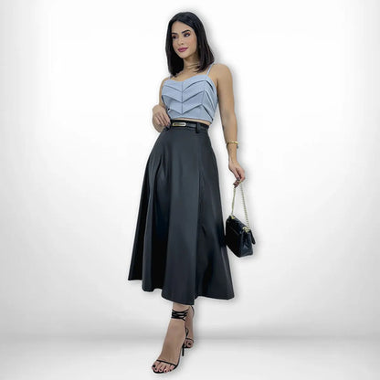 Saia Longa Feminina Couro Cintura Alta Plissada Elegante