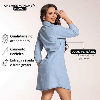 Chemise Jeans Feminina Manga 3/4 Leve Oversized Sem Lycra