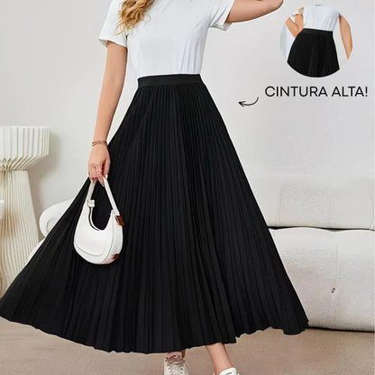 Saia Longa Feminina Plissada Cintura Alta Moda Evangélica
