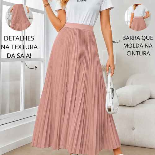 Saia Longa Feminina Plissada Cintura Alta Moda Evangélica