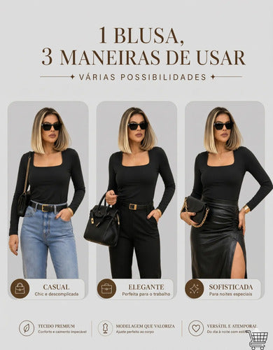 Blusa Manga Longa Feminina Decote Quadrado Segunda Pele