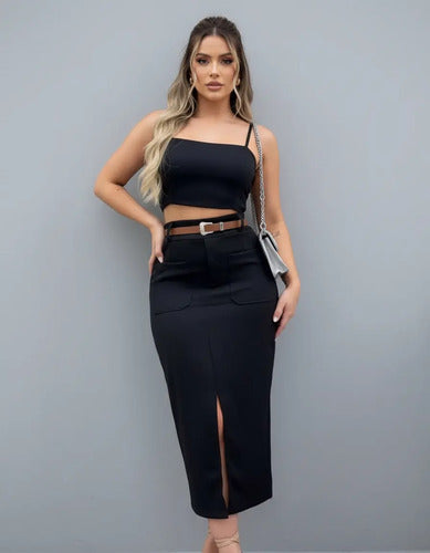 Saia De Alfaiataria Midi Moda Evangélica Brinde Cinto Couro