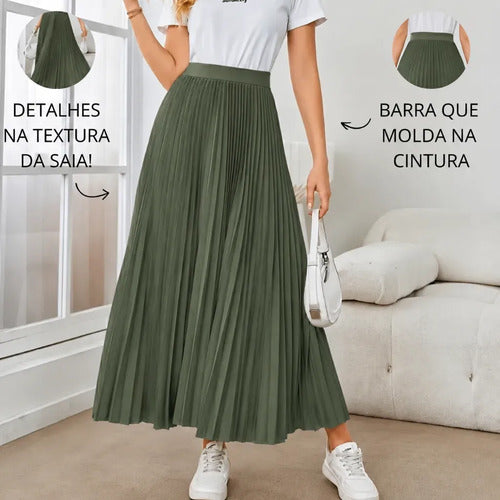 Saia Longa Feminina Plissada Cintura Alta Moda Evangélica