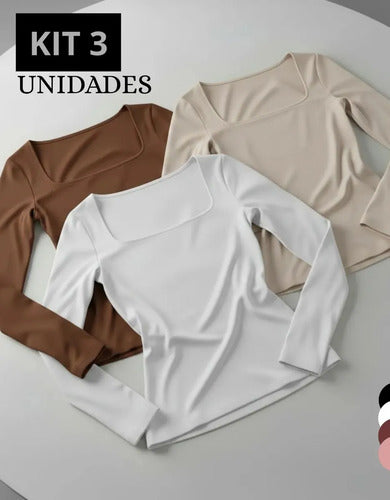 Kit 3 Blusa Manga Longa Inverno Decote Gola Quadrada