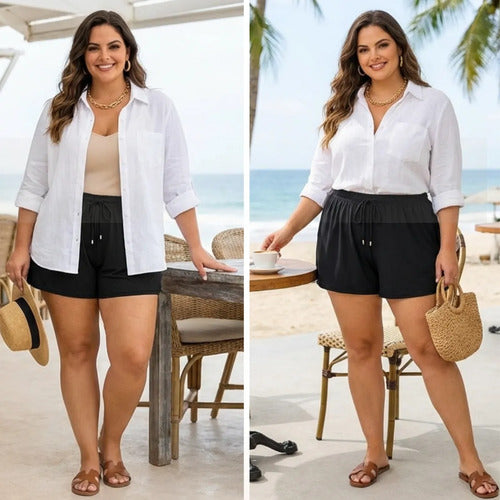 Short Feminino Soltinho Plus Size Saída De Praia Elastano