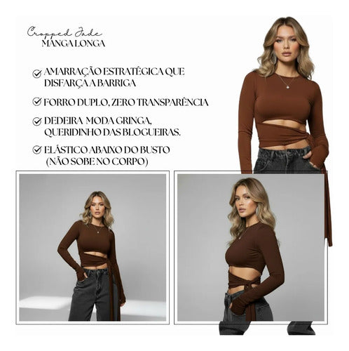 Cropped Manga Longa Feminino Amarração Cintura Moda Gringa