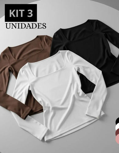 Kit 3 Blusa Manga Longa Inverno Decote Gola Quadrada