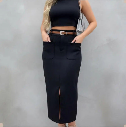 Saia De Alfaiataria Midi Moda Evangélica Brinde Cinto Couro
