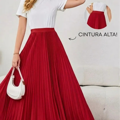 Saia Longa Feminina Plissada Cintura Alta Moda Evangélica