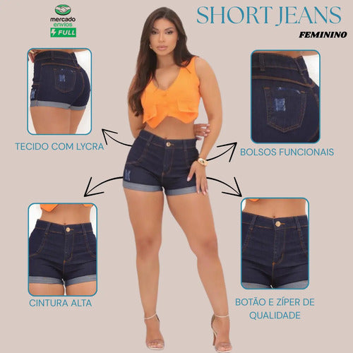 Shorts Jeans Feminino Cintura Alta  Com Lycra Super Moderno!