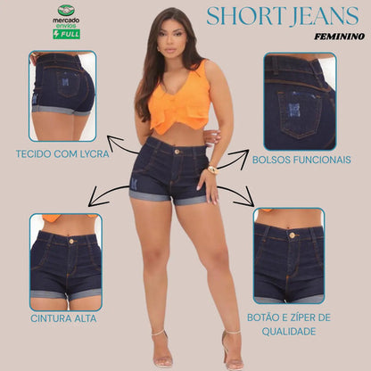 Shorts Jeans Feminino Cintura Alta  Com Lycra Super Moderno!