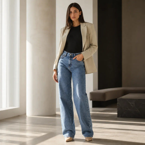 Calça Jeans Wide Leg Feminina Cintura Alta Pantalona