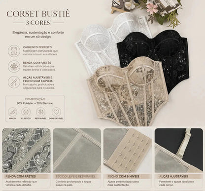 Cropped Corset Corselete De Renda Com Barbatana Feminino