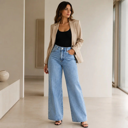 Calça Jeans Wide Leg Feminina Cintura Alta Pantalona