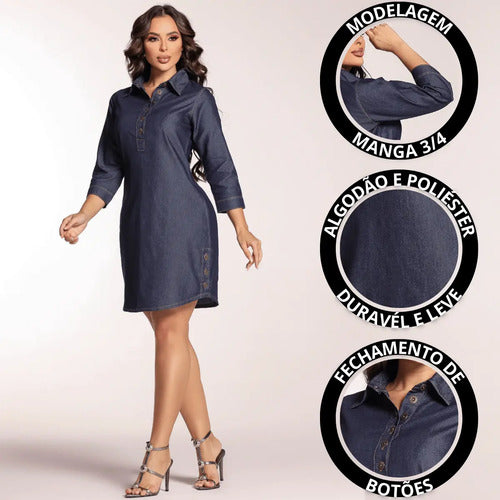 Chemise Jeans Feminina Manga 3/4 Leve Oversized Sem Lycra
