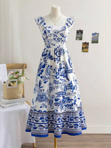 Long Dress with Straps, Ruffles, and Floral Print for Women