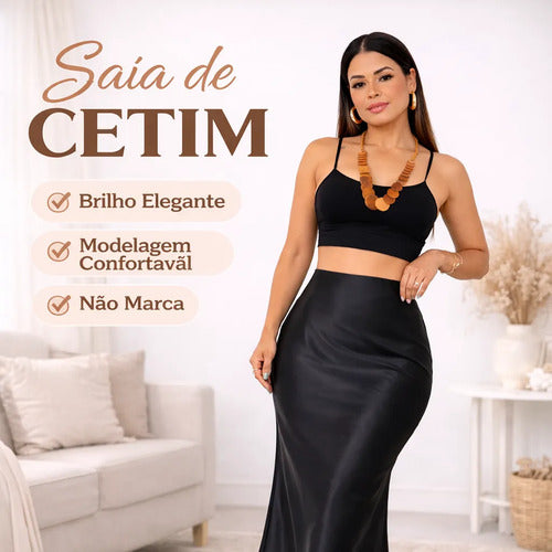 Saia De Cetim Midi Acetinada Feminina Lisa Elegante