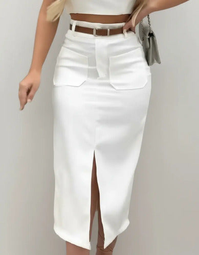 Saia De Alfaiataria Midi Moda Evangélica Brinde Cinto Couro