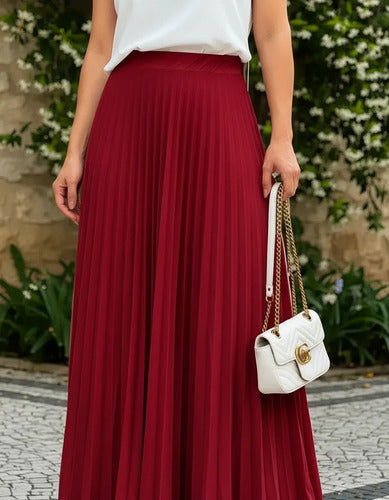Saia Longa Feminina Plissada Cintura Alta Moda Evangélica