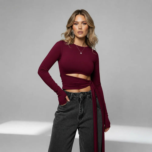 Cropped Manga Longa Feminino Amarração Cintura Moda Gringa