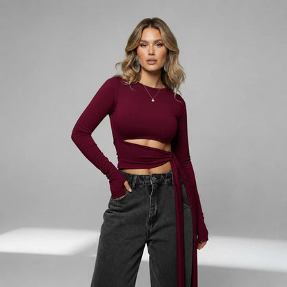 Cropped Manga Longa Feminino Amarração Cintura Moda Gringa