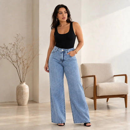 Calça Jeans Wide Leg Feminina Cintura Alta Pantalona