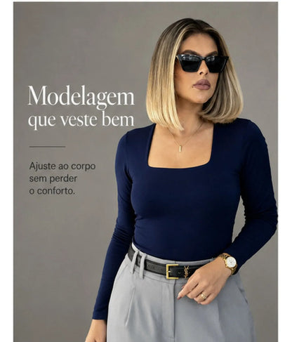 Blusa Manga Longa Feminina Decote Quadrado Segunda Pele