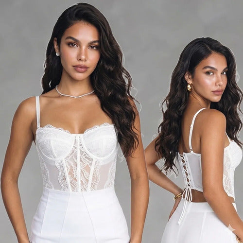 Corset Renda Feminino Alça Cropped Sexy Corpete Blusa Top