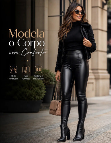 Calça Couro Fake Courino Preta Modeladora Flanelada Premium