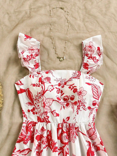 Long Dress with Straps, Ruffles, and Floral Print for Women