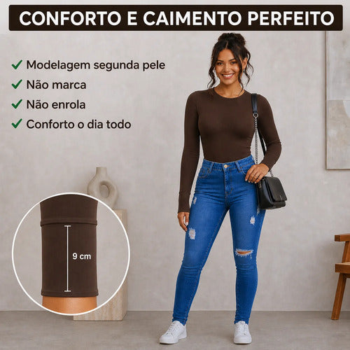 Body Feminino Manga Longa Gola Careca Liso Modelador Collant