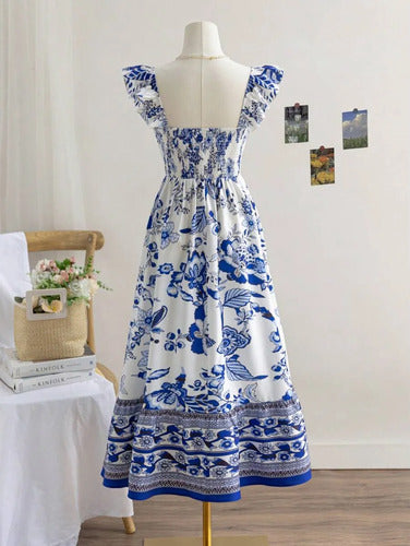 Long Dress with Straps, Ruffles, and Floral Print for Women
