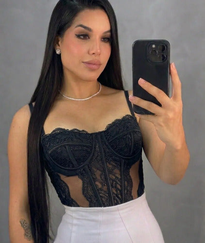 Corset Renda Feminino Alça Cropped Sexy Corpete Blusa Top