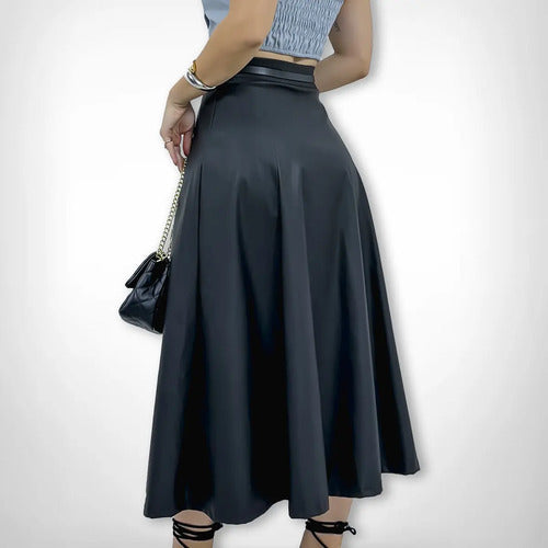 Saia Longa Feminina Couro Cintura Alta Plissada Elegante