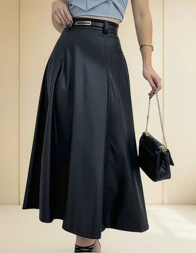 Saia Longa Feminina Couro Cintura Alta Plissada Elegante