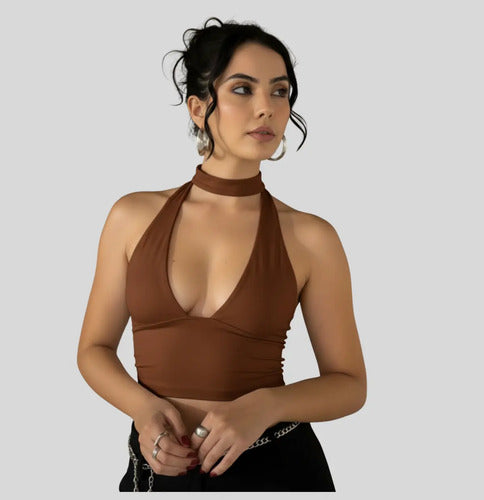 Cropped Top Amarraçao No Pescoço Poliamida Blogueira Balada